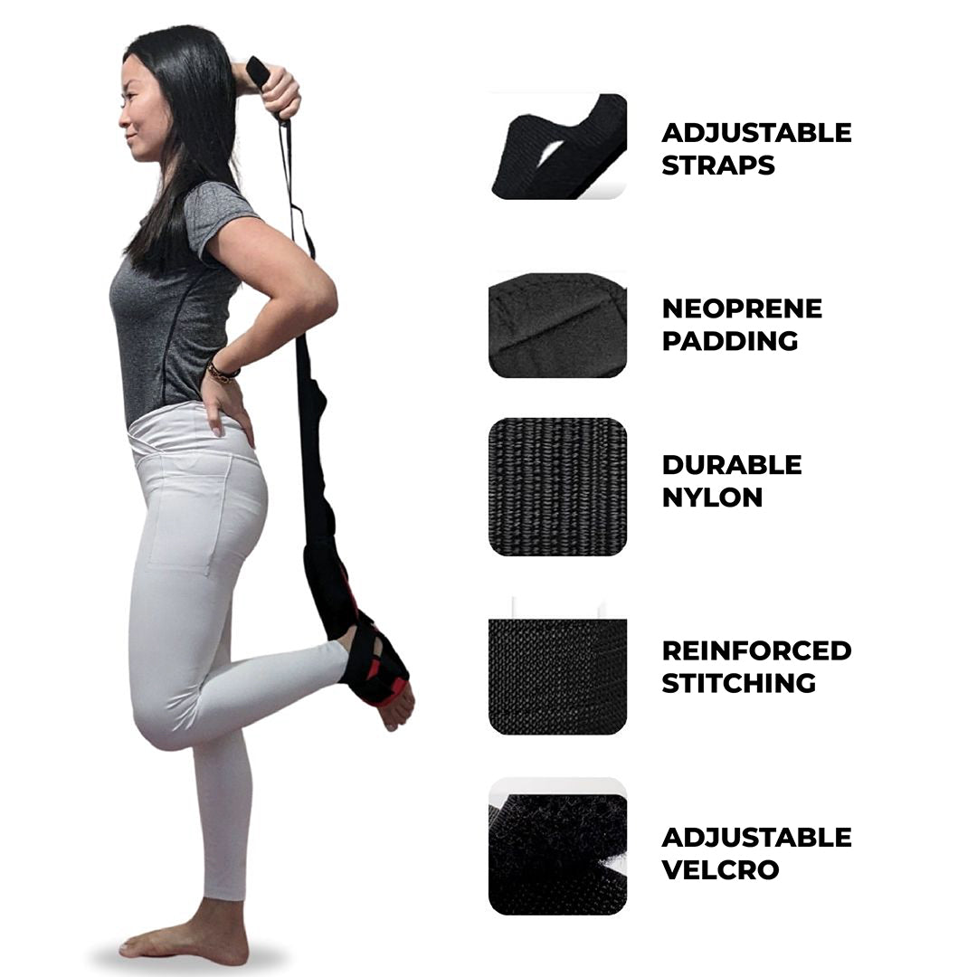 Woman demonstrating a foot and calf stretcher with yoga straps, showcasing features like adjustable straps, neoprene padding, durable nylon, reinforced stitching, and Velcro—ideal as a foot rocker for plantar fasciitis, Achilles tendonitis, and calf stretch therapy