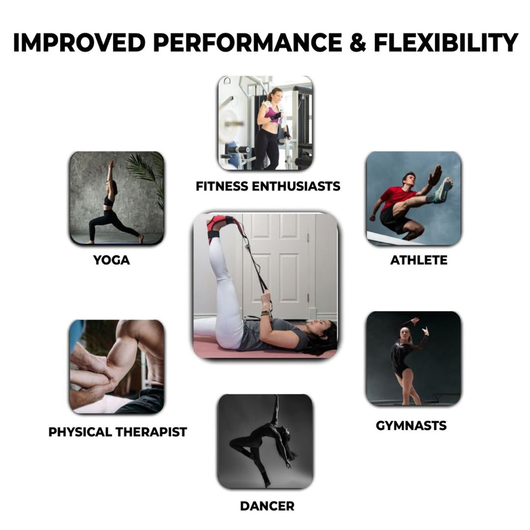 Collage showing different users of a foot and calf stretcher with yoga straps, including fitness enthusiasts, athletes, dancers, gymnasts, yoga practitioners, and physical therapists—ideal as a calf rocker, foot rocker for plantar fasciitis, Achilles tendonitis, and stretching for flexibility and performance.