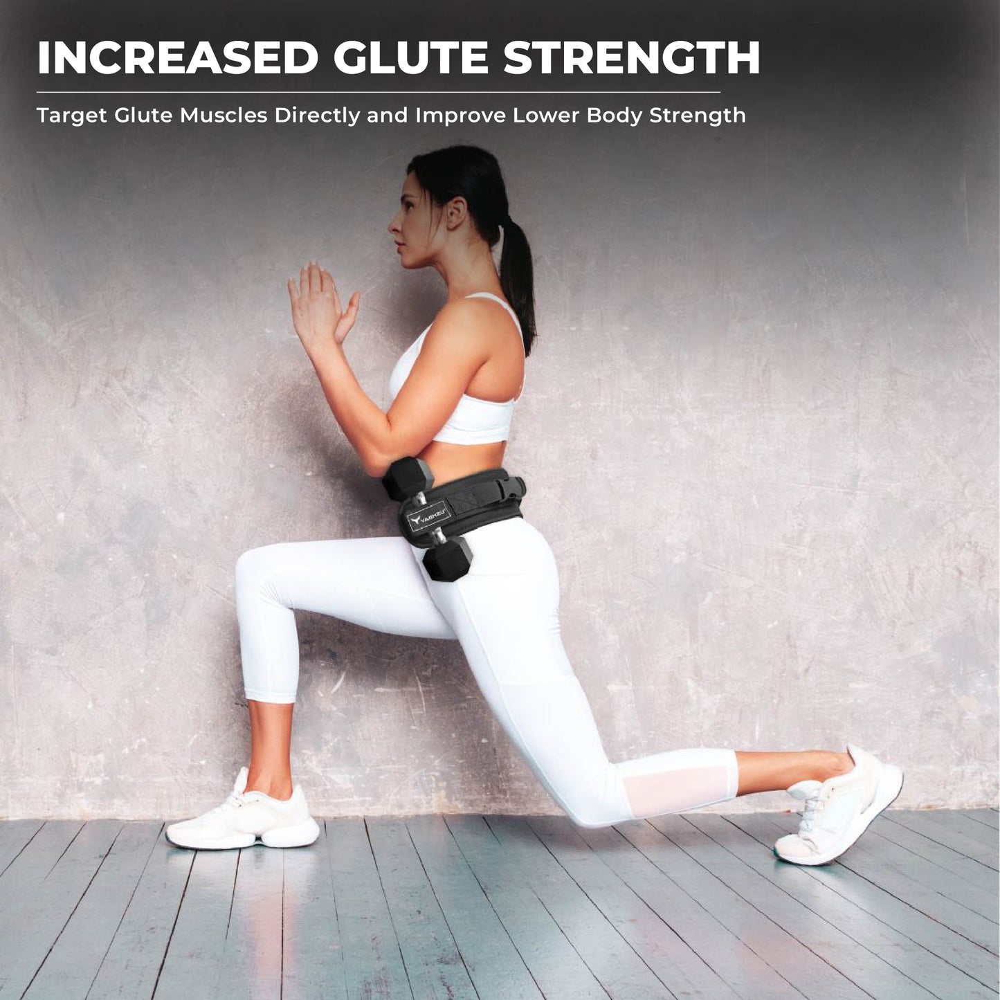 Woman performing lunges using Yaghzu booty belt and dumbbell strap for hip thrust, ideal for belt squat hip thrust and glute thruster training
