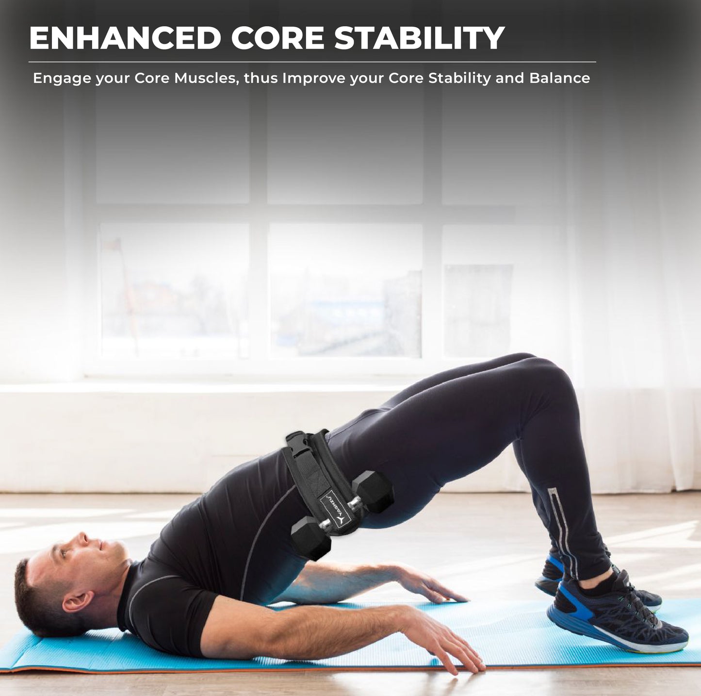 Man doing glute bridges using Yaghzu booty belt with dumbbell strap for hip thrust, belt squat hip thrust, and glute thruster training