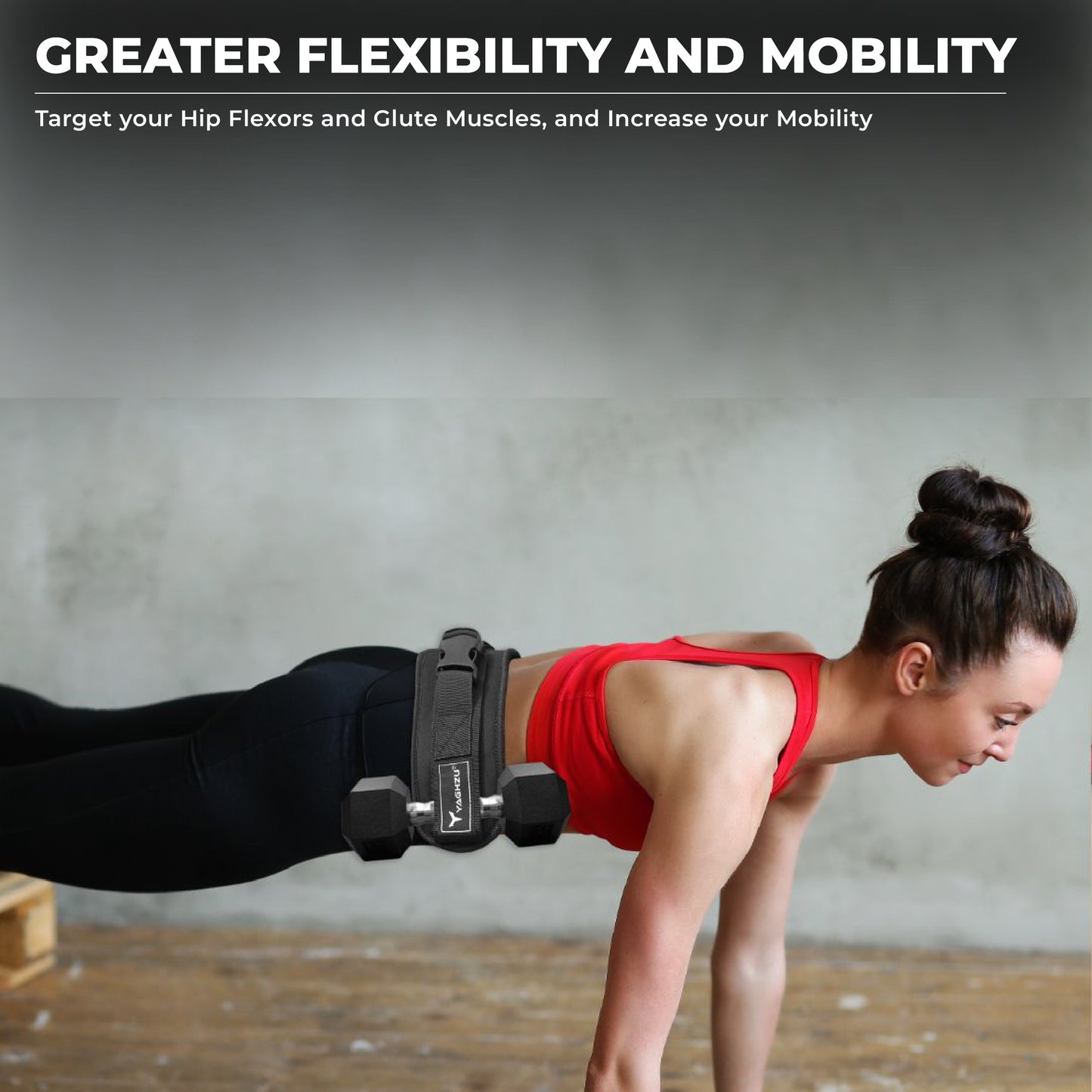 Woman using booty belt with dumbbell strap for hip thrust to perform elevated glute thruster exercise, enhancing mobility and flexibility with Yaghzu belt squat hip thrust gear