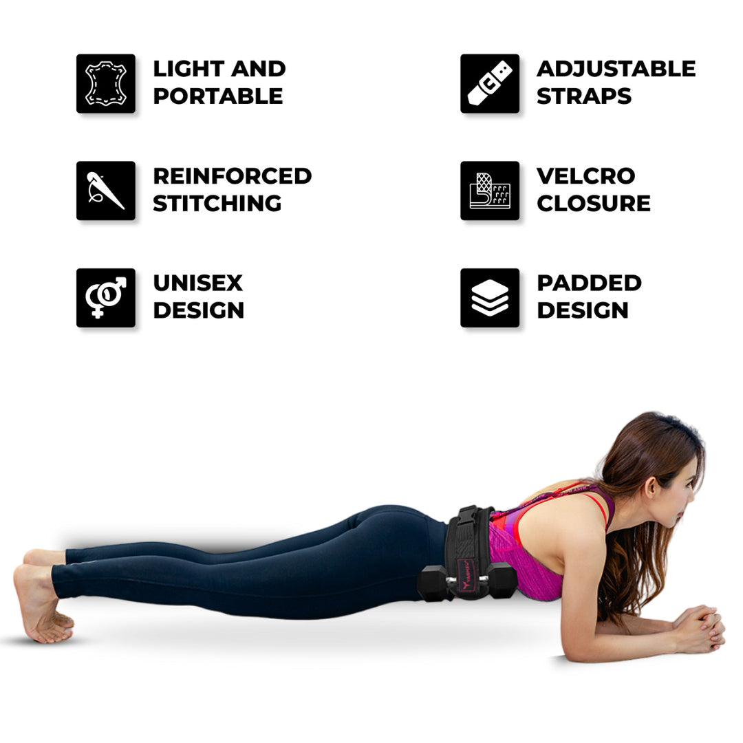 Woman using Yaghzu booty belt and dumbbell strap for hip thrust with padded design, ideal for belt squat hip thrust and glute thruster workouts