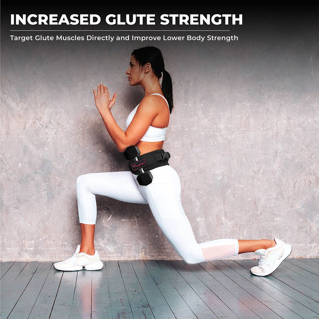 Woman performing lunges using Yaghzu booty belt and dumbbell strap for hip thrust, ideal for belt squat hip thrust and glute thruster training