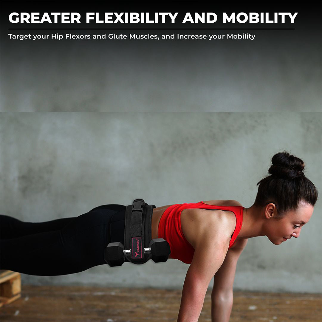 Woman using booty belt with dumbbell strap for hip thrust to perform elevated glute thruster exercise, enhancing mobility and flexibility with Yaghzu belt squat hip thrust gear