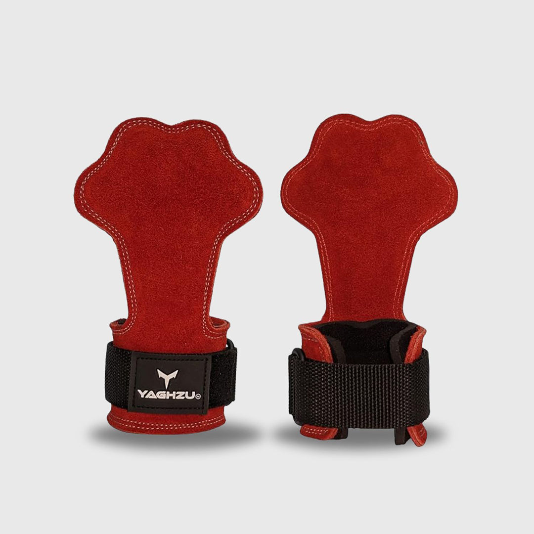 Pair of Red Yaghzu lifting grips with palm-shaped design and wrist support straps displayed on white background, premium gym grips for weightlifting, pull workouts, and grip enhancement
