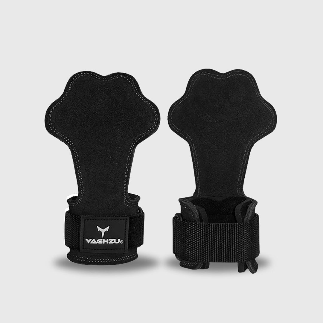 Pair of black Yaghzu lifting grips with palm-shaped design and wrist support straps displayed on white background, premium gym grips for weightlifting, pull workouts, and grip enhancement