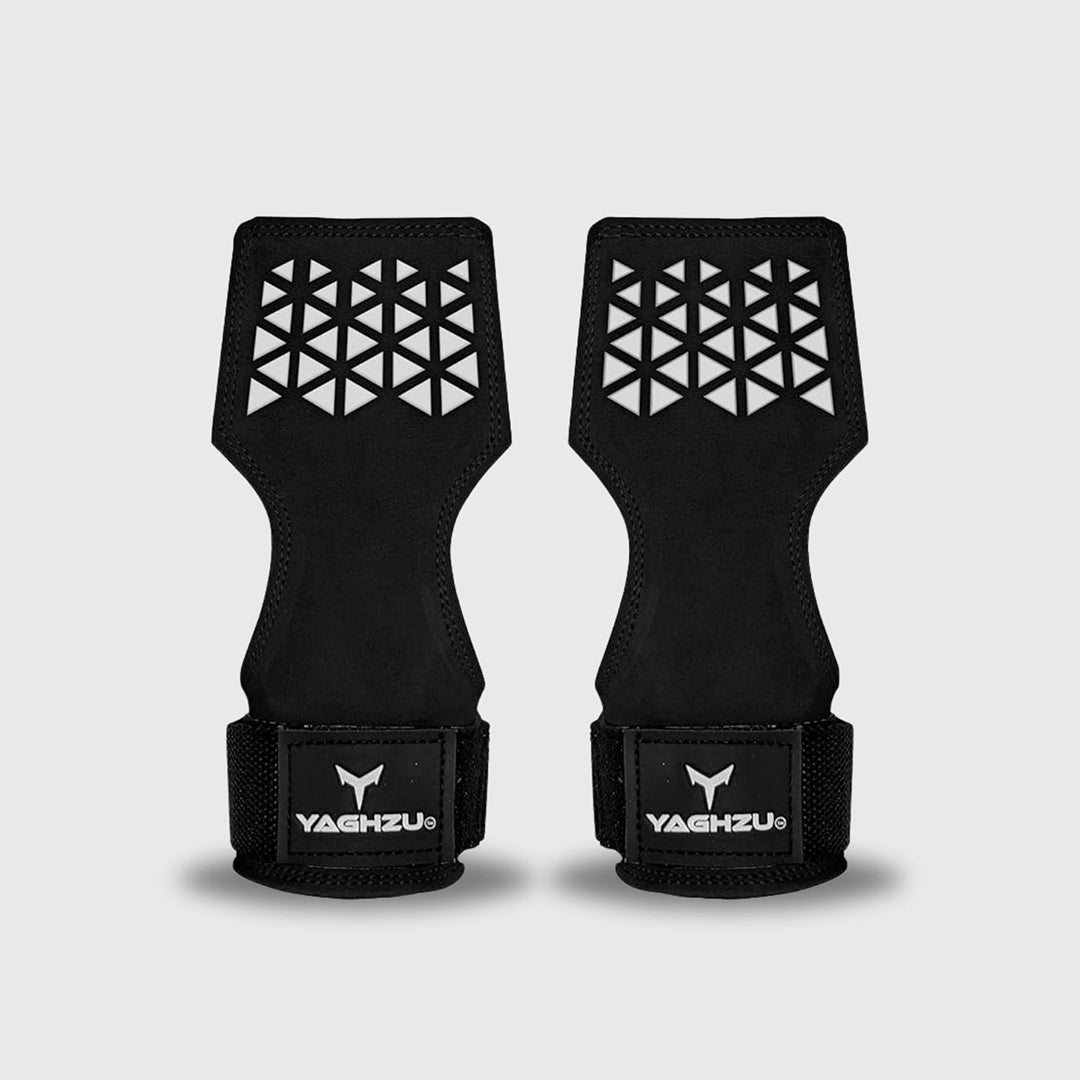 Yaghzu black lifting grips with wrist straps and geometric prints for enhanced grip strength, wrist support, and strength training.