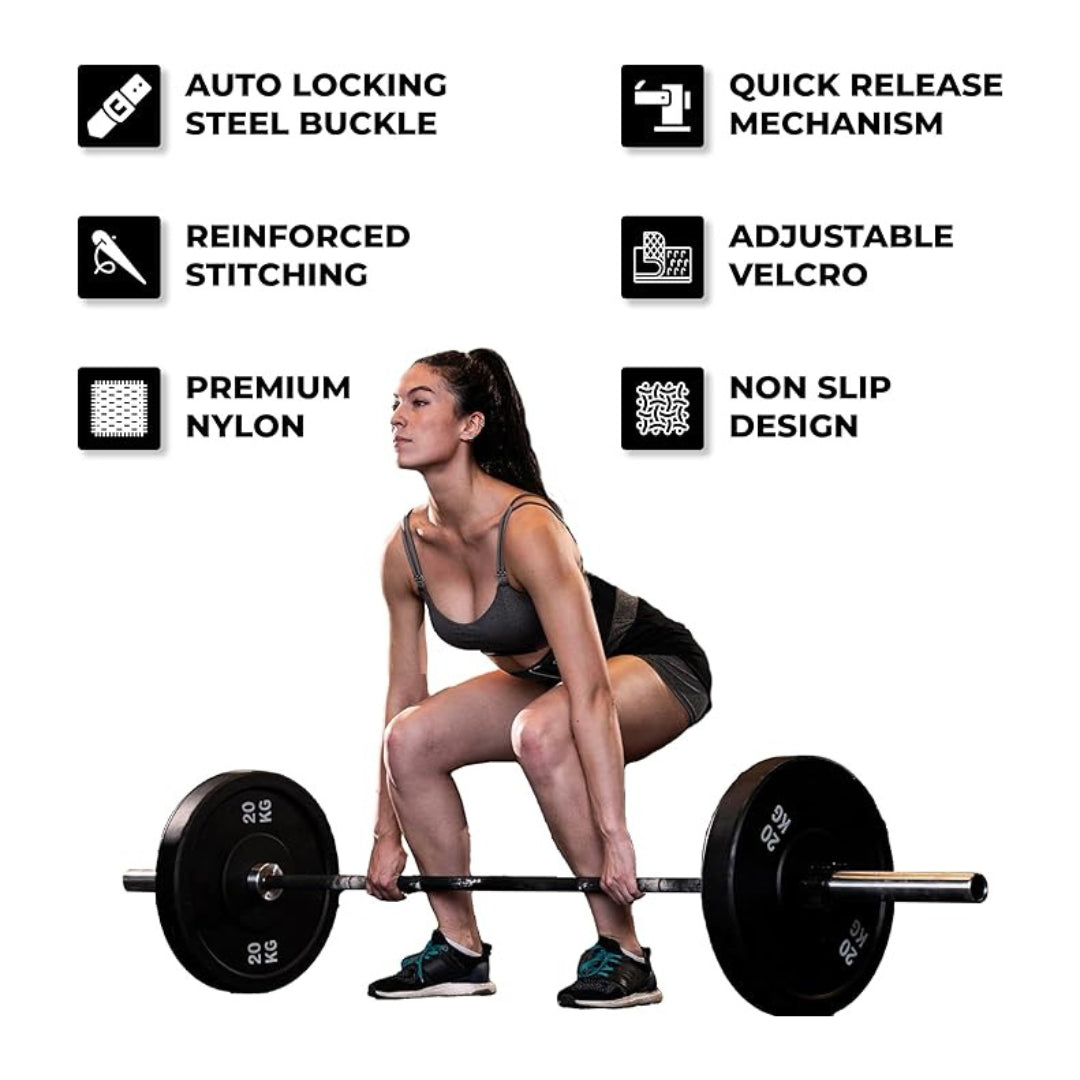 Female athlete performing deadlifts wearing Yaghzu black weightlifting belt, surrounded by feature icons including auto-locking steel buckle, reinforced stitching, adjustable Velcro, premium nylon, quick release mechanism, and non-slip design