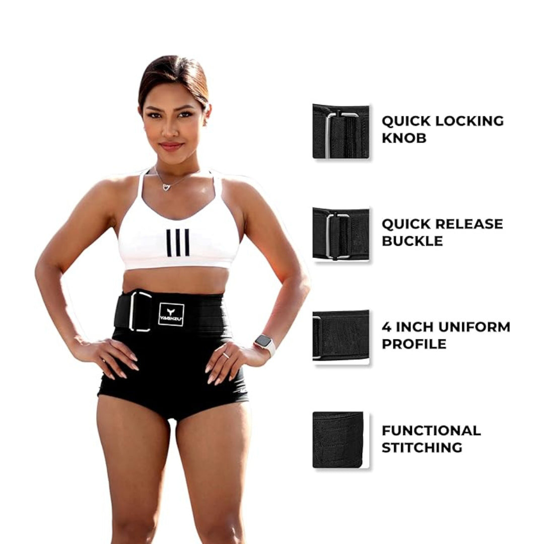 Yaghzu black quick locking weightlifting belt for men and women, featuring durable nylon construction and steel buckle, ideal for deadlifts, squats, and full-body gym workouts