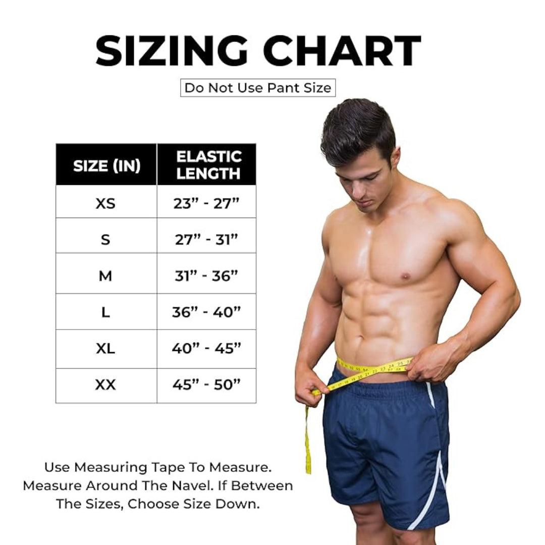 Yaghzu weightlifting belt size chart with waist measurements from XS to XXL, includes measuring guide for best gym belt fit