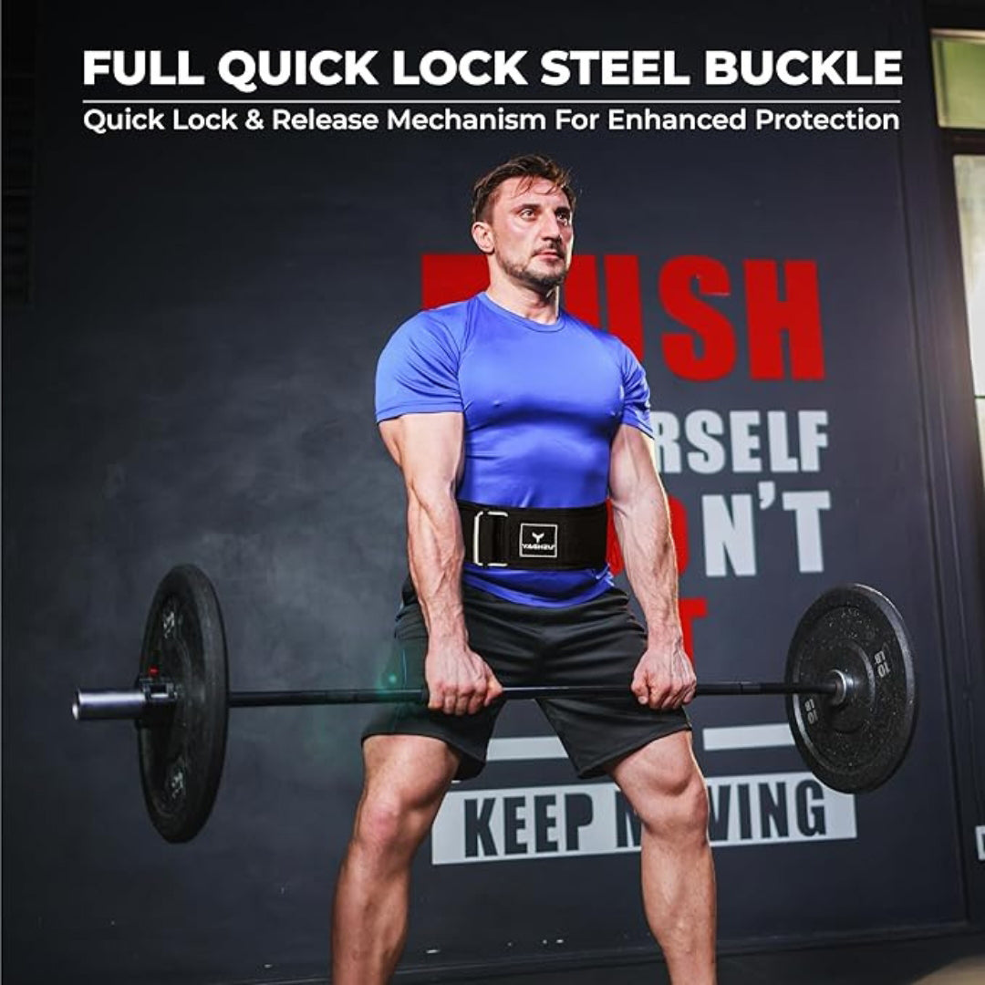 Man using Yaghzu quick-lock weightlifting belt while deadlifting in gym for back support and enhanced lifting stability