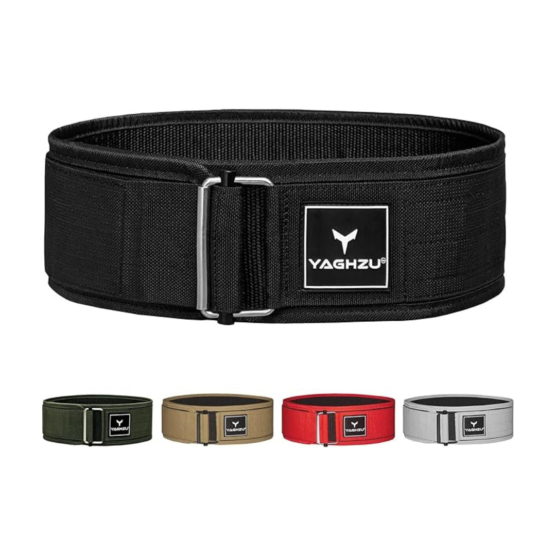 Yaghzu quick-lock weightlifting belts in black, olive green, tan, red, and grey color options for gym and strength training support