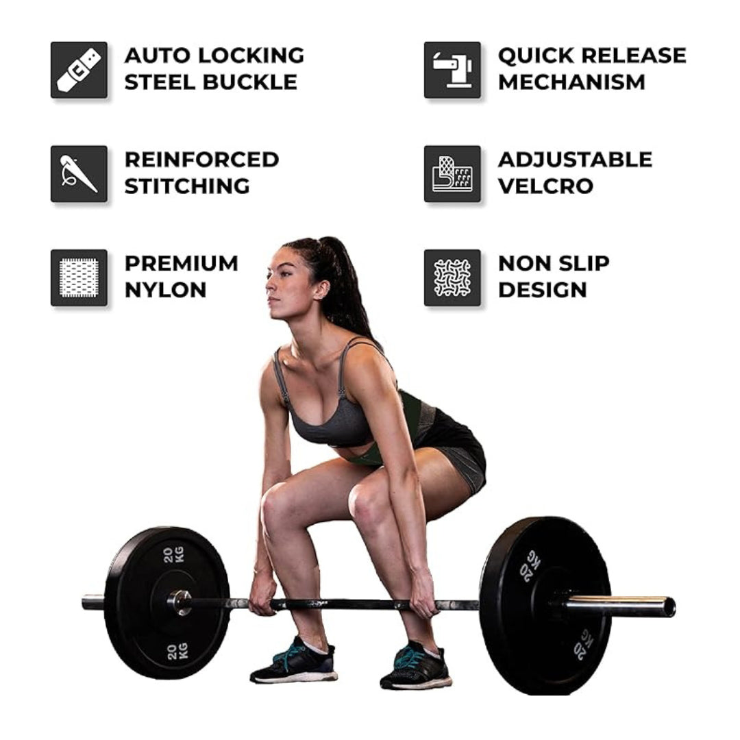 Female athlete performing deadlifts wearing Yaghzu green weightlifting belt, surrounded by feature icons including auto-locking steel buckle, reinforced stitching, adjustable Velcro, premium nylon, quick release mechanism, and non-slip design