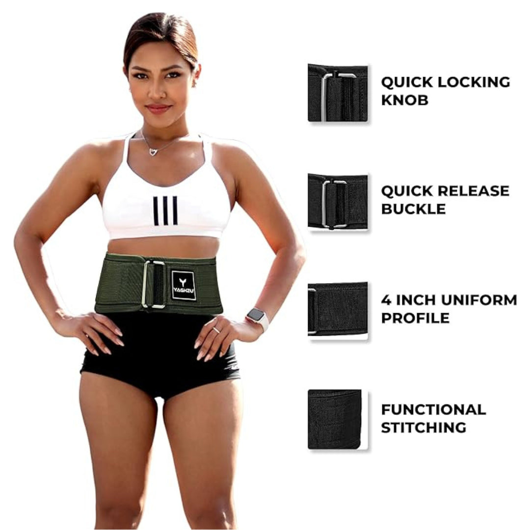 Yaghzu green quick locking weightlifting belt for men and women, featuring durable nylon construction and steel buckle, ideal for deadlifts, squats, and full-body gym workouts
