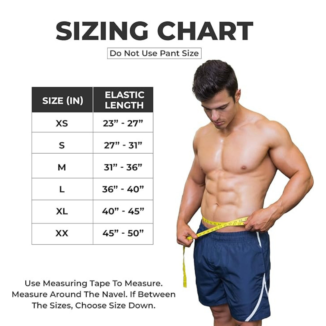 Yaghzu weightlifting belt size chart with waist measurements from XS to XXL, includes measuring guide for best gym belt fit