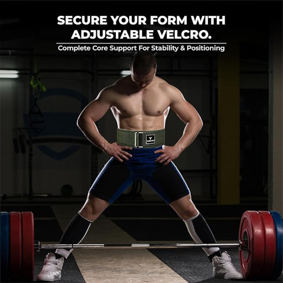 Yaghzu Quick Locking Weight Lifting Belt | Man wearing Yaghzu weightlifting belt during deadlift, demonstrating core support and adjustable Velcro fit in gym