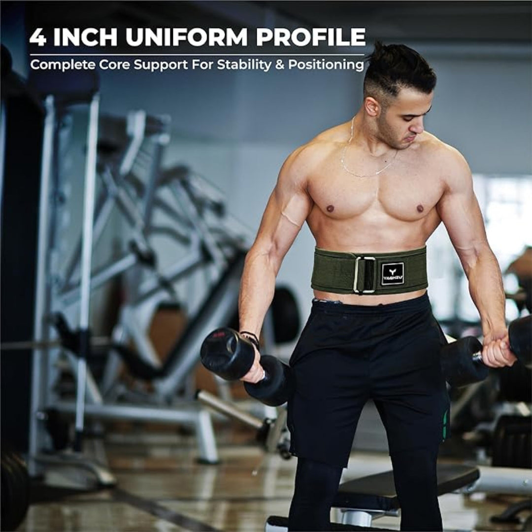 Man wearing Yaghzu 4-inch weightlifting belt while performing dumbbell curls in gym for core support and posture stability during workouts