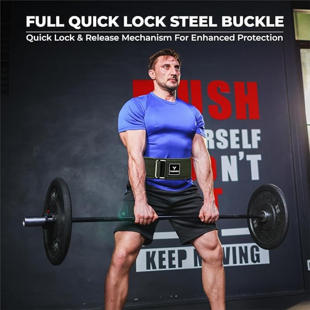 Man using Yaghzu quick-lock weightlifting belt while deadlifting in gym for back support and enhanced lifting stability