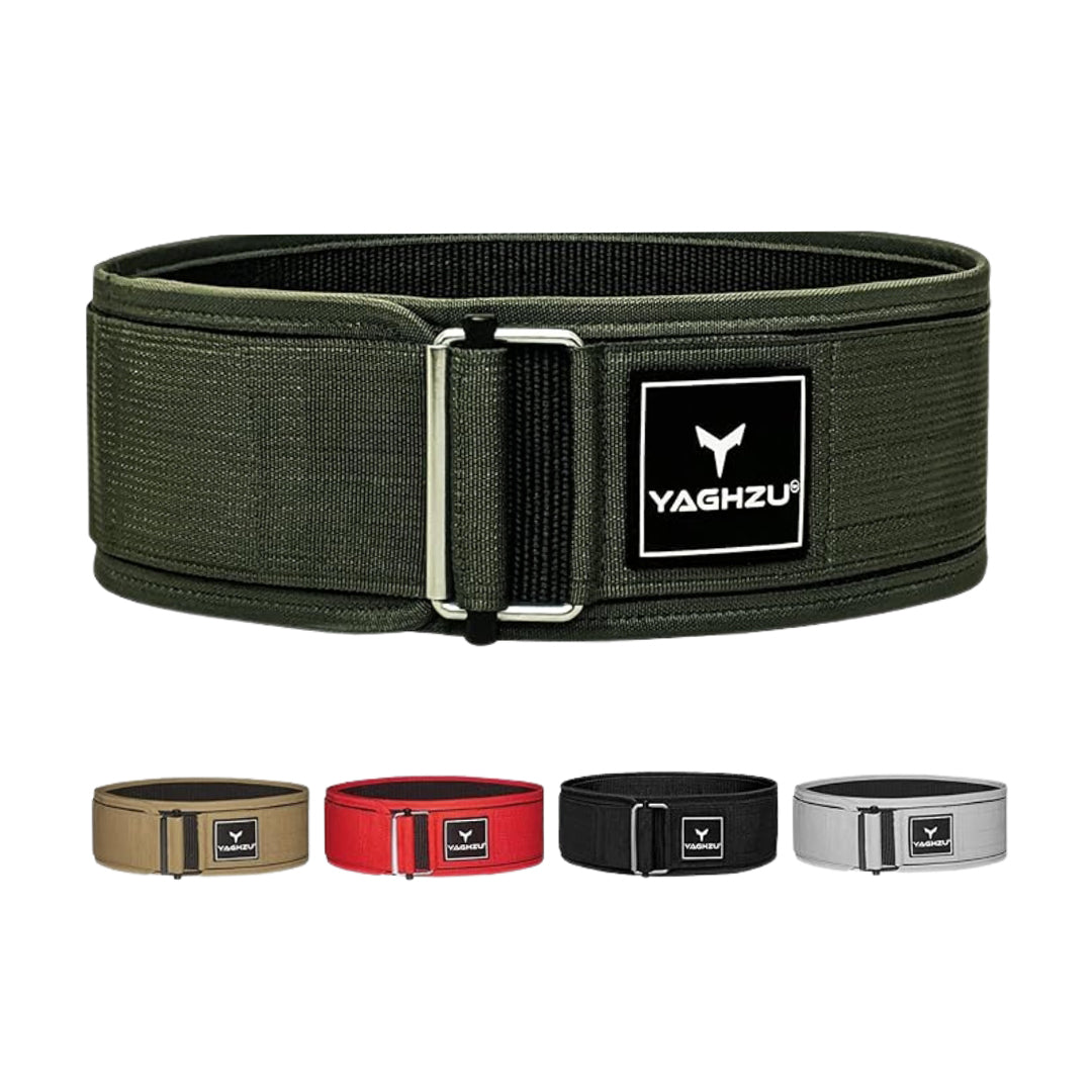 Yaghzu quick-lock weightlifting belts in black, olive green, tan, red, and grey color options for gym and strength training support