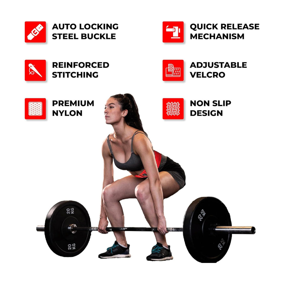 Female athlete performing deadlifts wearing Yaghzu Red weightlifting belt, surrounded by feature icons including auto-locking steel buckle, reinforced stitching, adjustable Velcro, premium nylon, quick release mechanism, and non-slip design