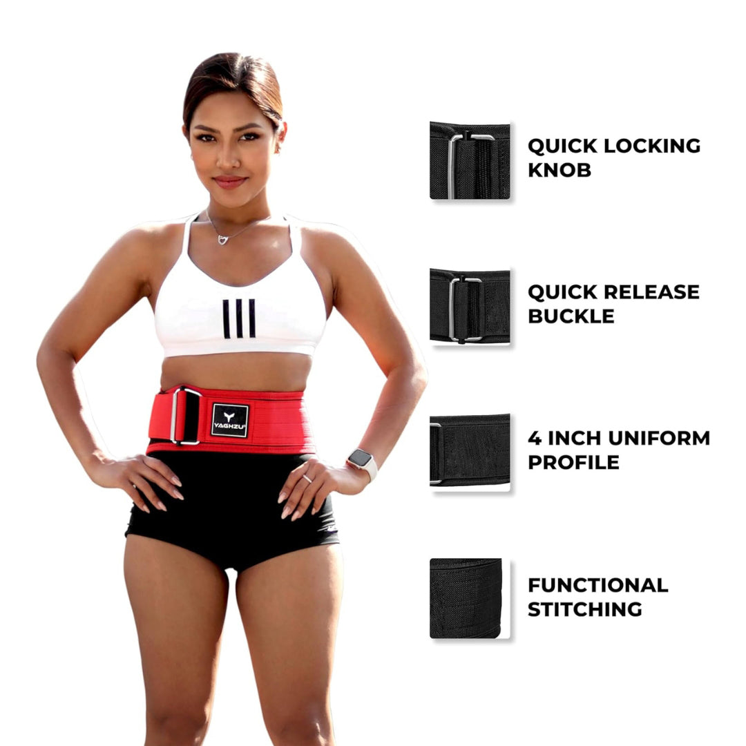 Yaghzu red quick locking weightlifting belt for men and women, featuring durable nylon construction and steel buckle, ideal for deadlifts, squats, and full-body gym workouts