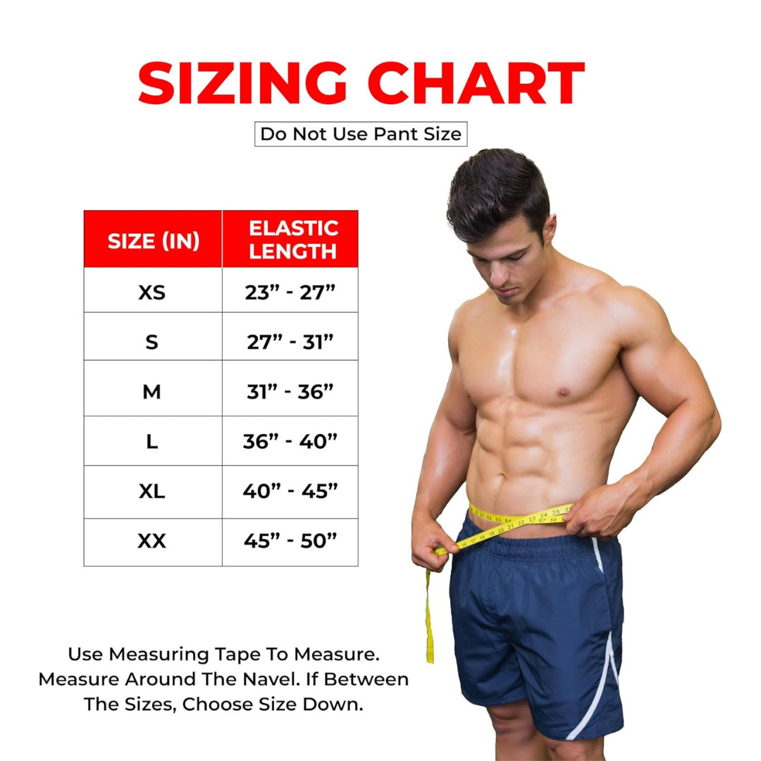 Yaghzu weightlifting belt size chart with waist measurements from XS to XXL, includes measuring guide for best gym belt fit