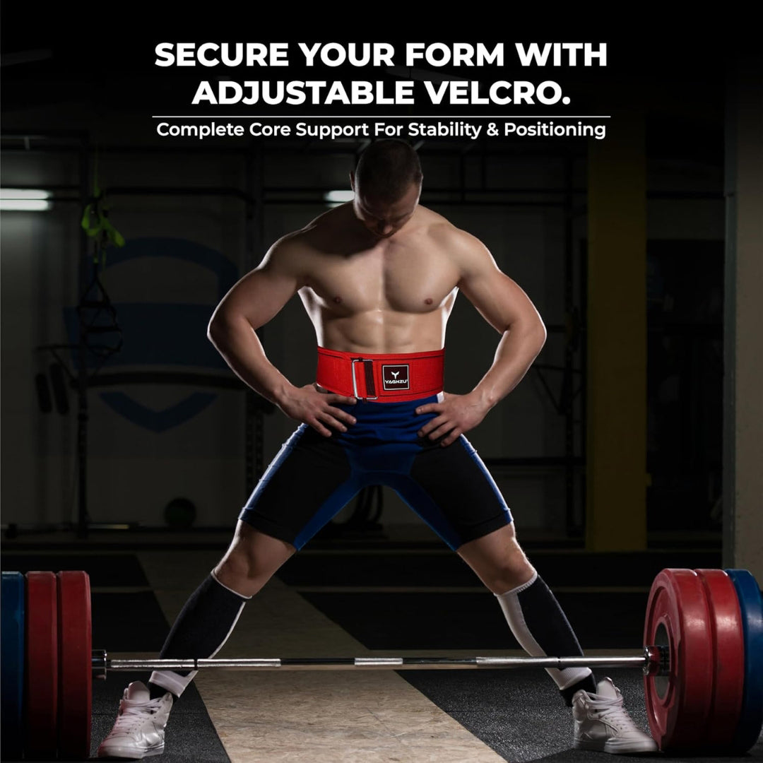 Yaghzu Quick Locking Weight Lifting Belt | Man wearing Yaghzu weightlifting belt during deadlift, demonstrating core support and adjustable Velcro fit in gym