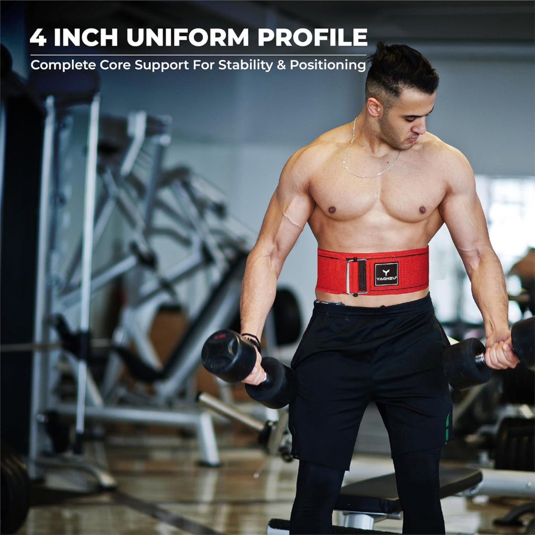 Man wearing Yaghzu 4-inch weightlifting belt while performing dumbbell curls in gym for core support and posture stability during workouts