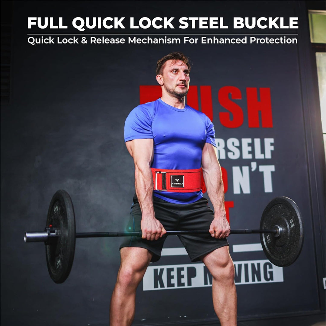 Man using Yaghzu quick-lock weightlifting belt while deadlifting in gym for back support and enhanced lifting stability