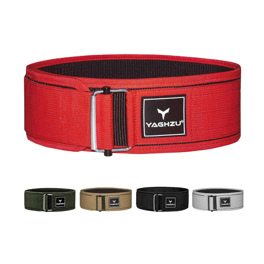 Yaghzu quick-lock weightlifting belts in black, olive green, tan, red, and grey color options for gym and strength training support