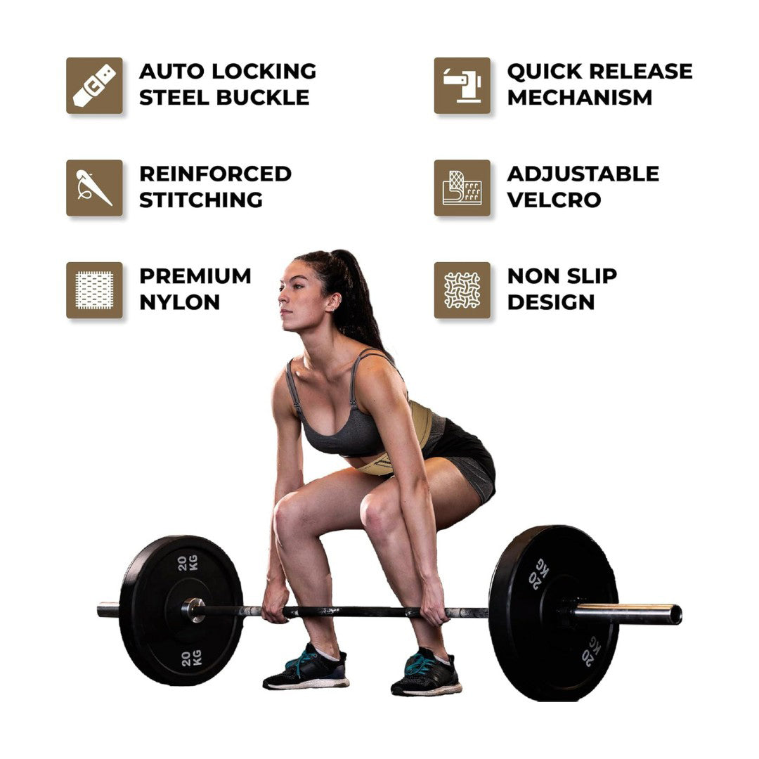 Female athlete performing deadlifts wearing Yaghzu tan weightlifting belt, surrounded by feature icons including auto-locking steel buckle, reinforced stitching, adjustable Velcro, premium nylon, quick release mechanism, and non-slip design