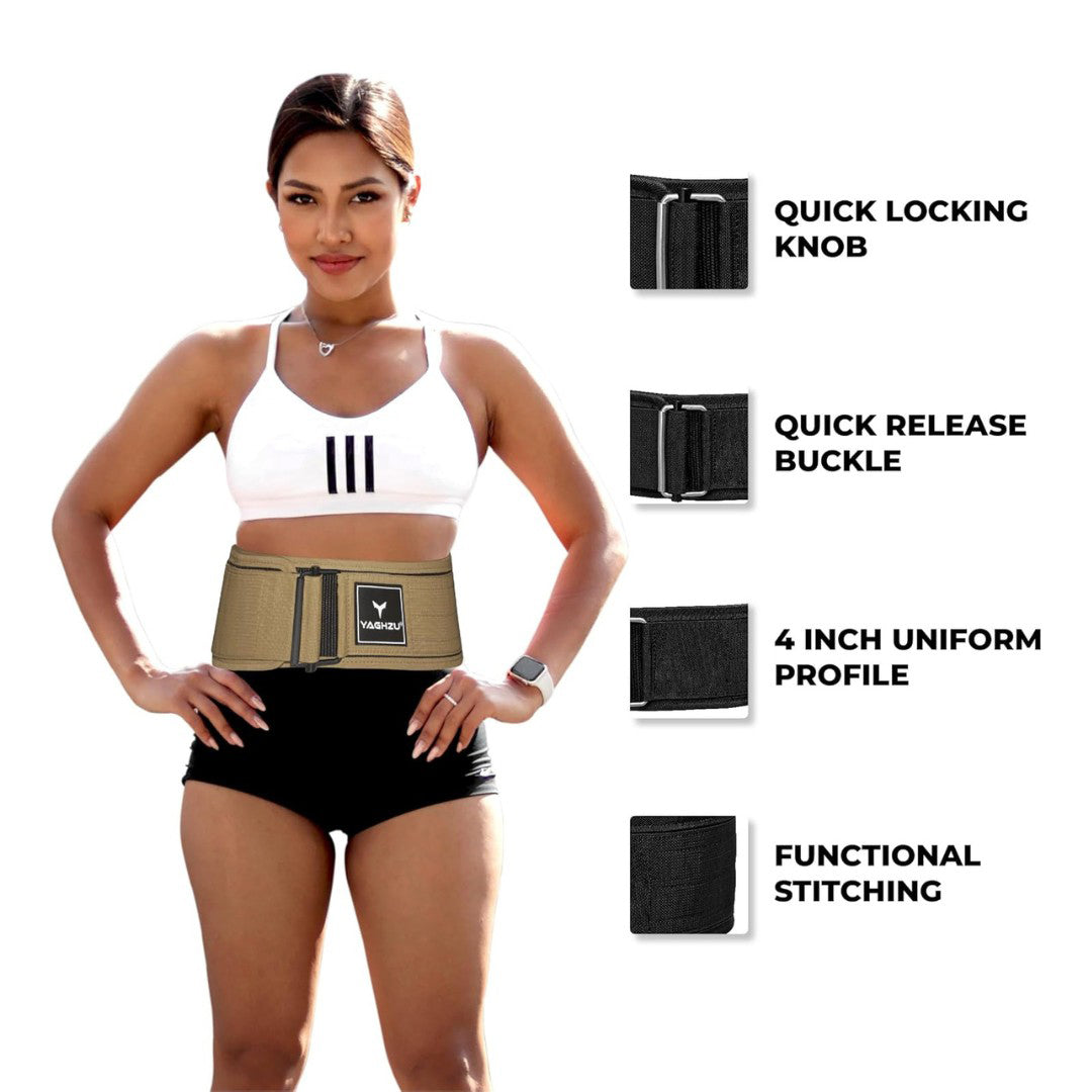 Yaghzu tan quick locking weightlifting belt for men and women, featuring durable nylon construction and steel buckle, ideal for deadlifts, squats, and full-body gym workouts