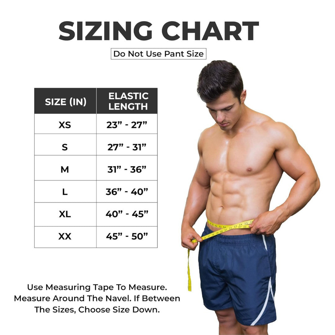Yaghzu weightlifting belt size chart with waist measurements from XS to XXL, includes measuring guide for best gym belt fit