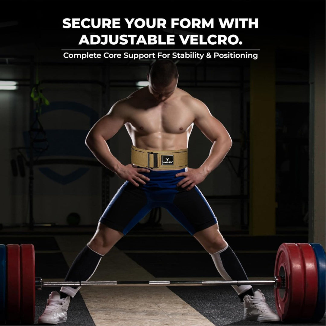 Yaghzu Quick Locking Weight Lifting Belt | Man wearing Yaghzu weightlifting belt during deadlift, demonstrating core support and adjustable Velcro fit in gym