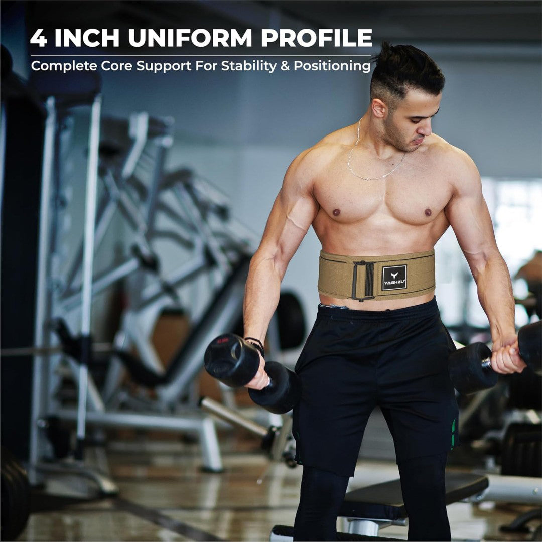 Man wearing Yaghzu 4-inch weightlifting belt while performing dumbbell curls in gym for core support and posture stability during workouts