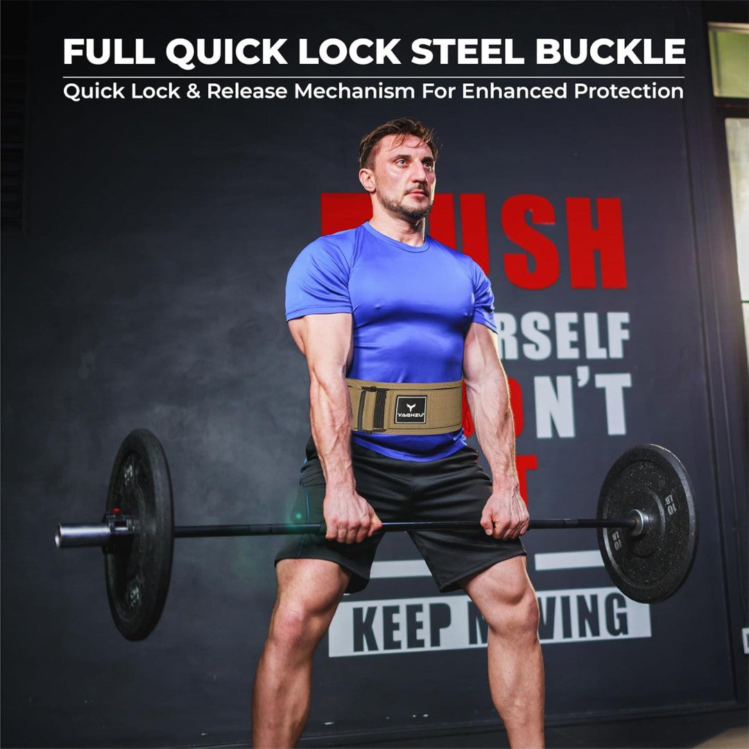Man using Yaghzu quick-lock weightlifting belt while deadlifting in gym for back support and enhanced lifting stability