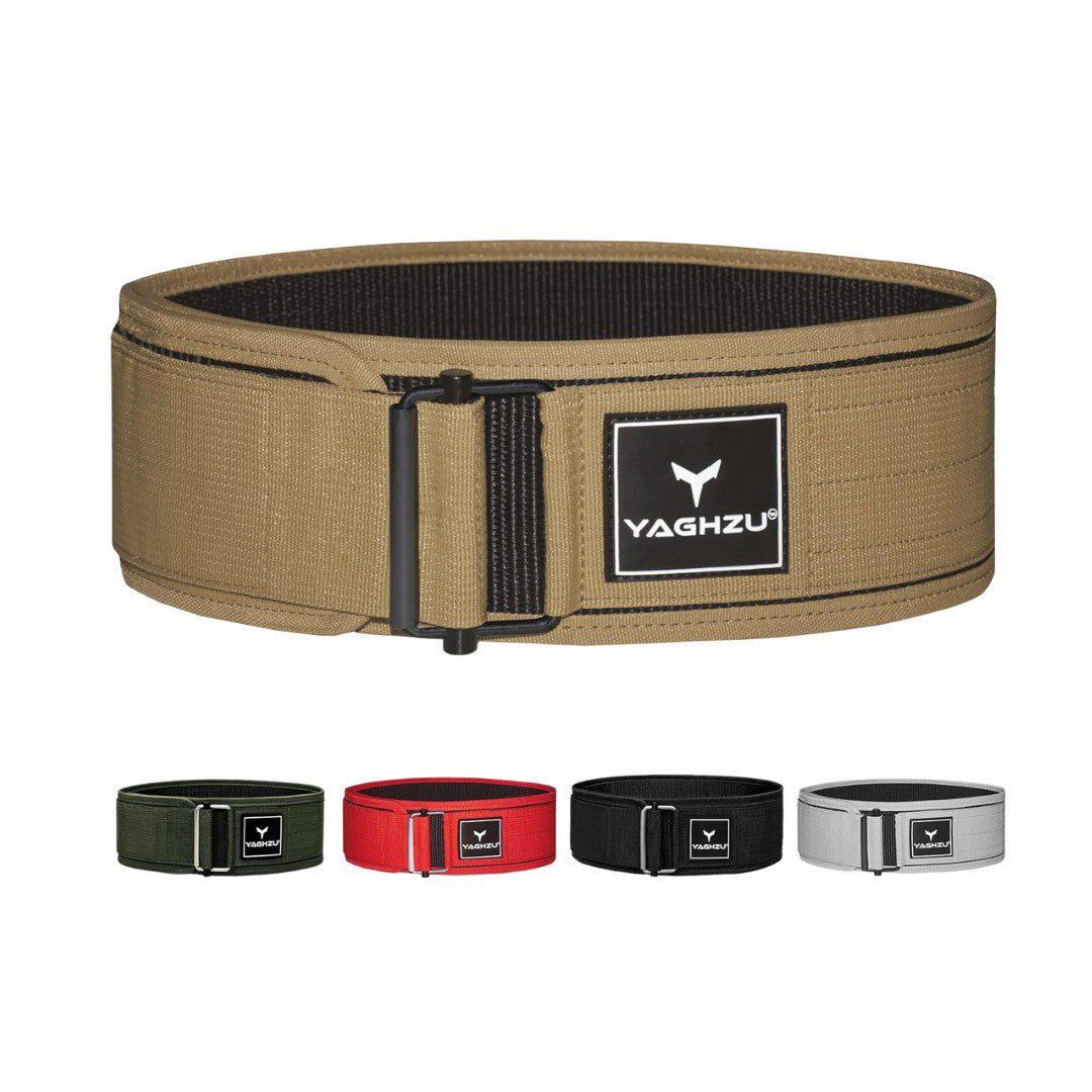 Yaghzu quick-lock weightlifting belts in black, olive green, tan, red, and grey color options for gym and strength training support