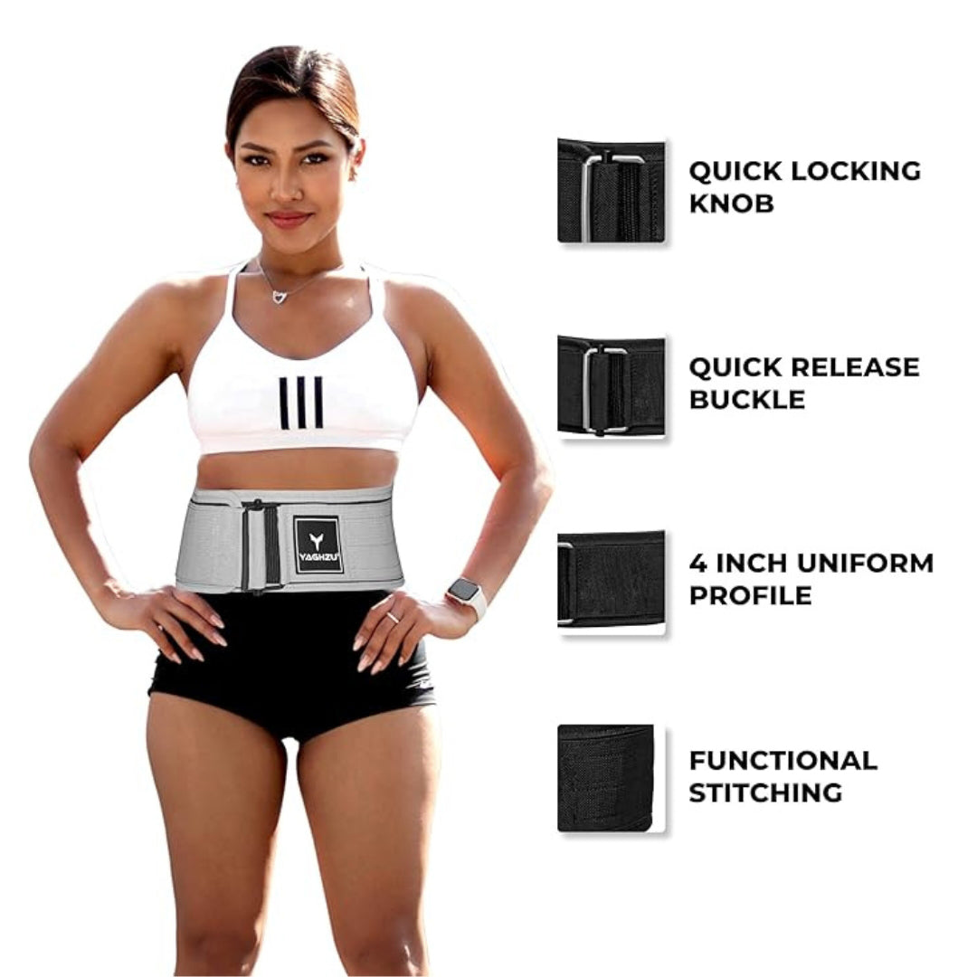 Yaghzu white quick locking weightlifting belt for men and women, featuring durable nylon construction and steel buckle, ideal for deadlifts, squats, and full-body gym workouts