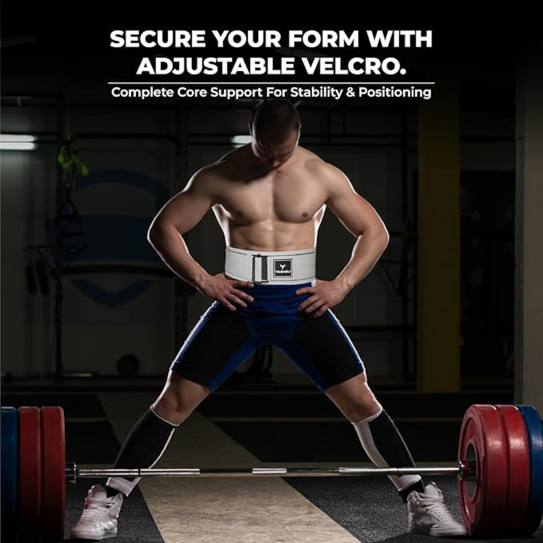 Yaghzu Quick Locking Weight Lifting Belt | Man wearing Yaghzu weightlifting belt during deadlift, demonstrating core support and adjustable Velcro fit in gym