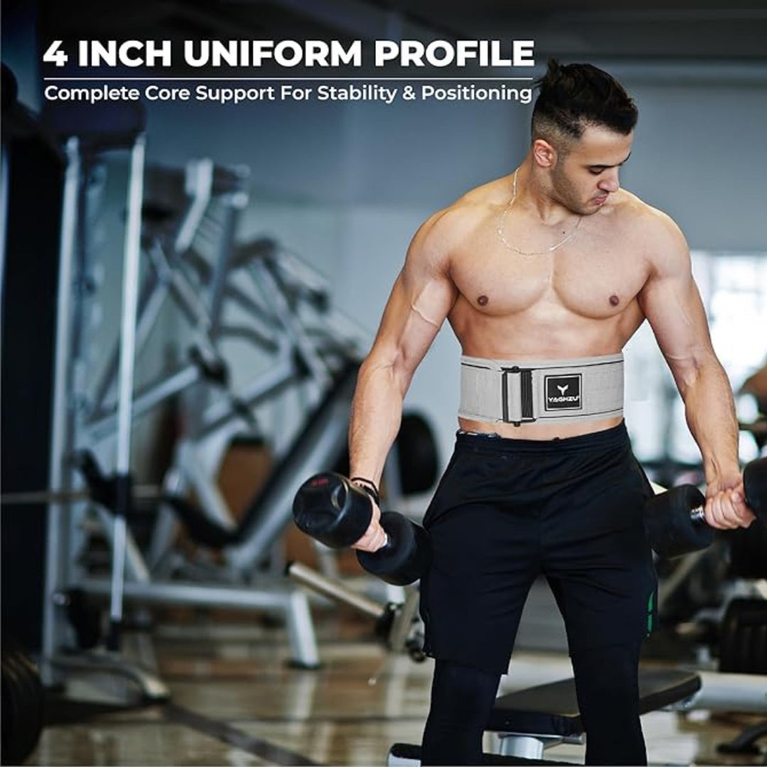 Man wearing Yaghzu 4-inch weightlifting belt while performing dumbbell curls in gym for core support and posture stability during workouts