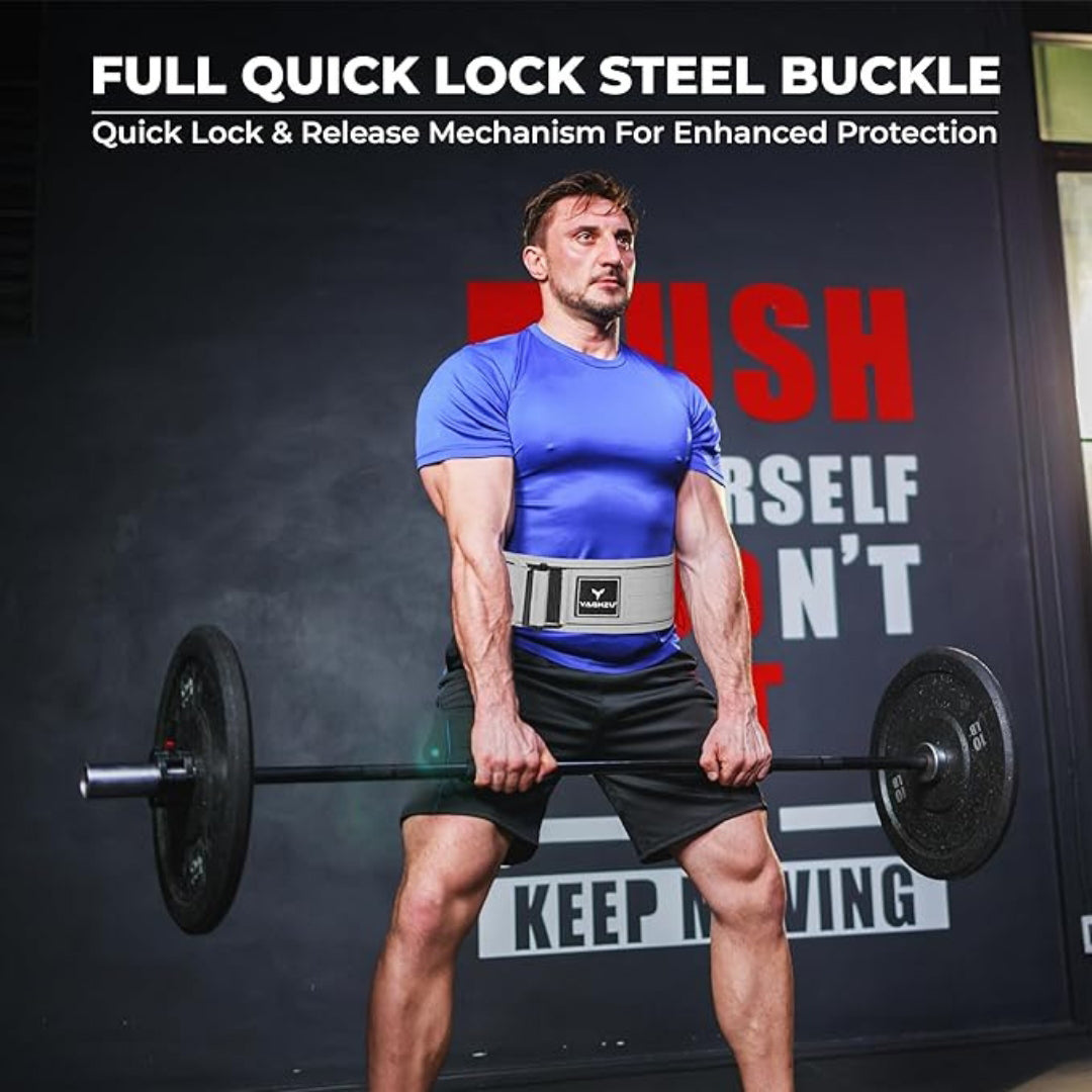 Man using Yaghzu quick-lock weightlifting belt while deadlifting in gym for back support and enhanced lifting stability