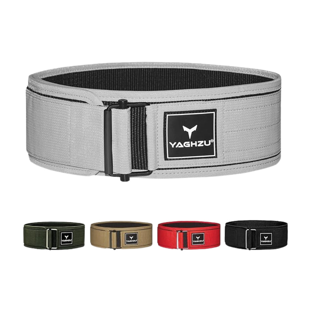 Yaghzu quick-lock weightlifting belts in black, olive green, tan, red, and white color options for gym and strength training support
