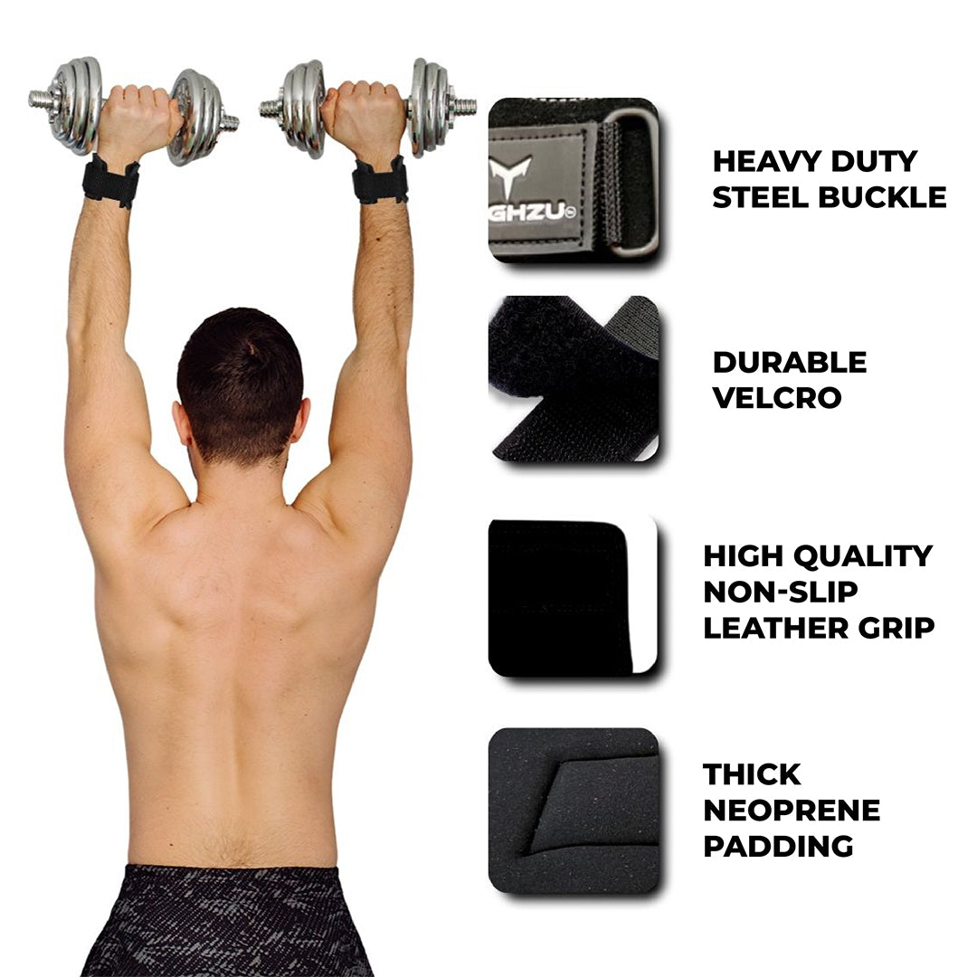 Man doing overhead dumbbell press using Yaghzu gym straps and lifting grips with wrist support, featuring durable velcro, leather grip, steel buckle, and neoprene padding