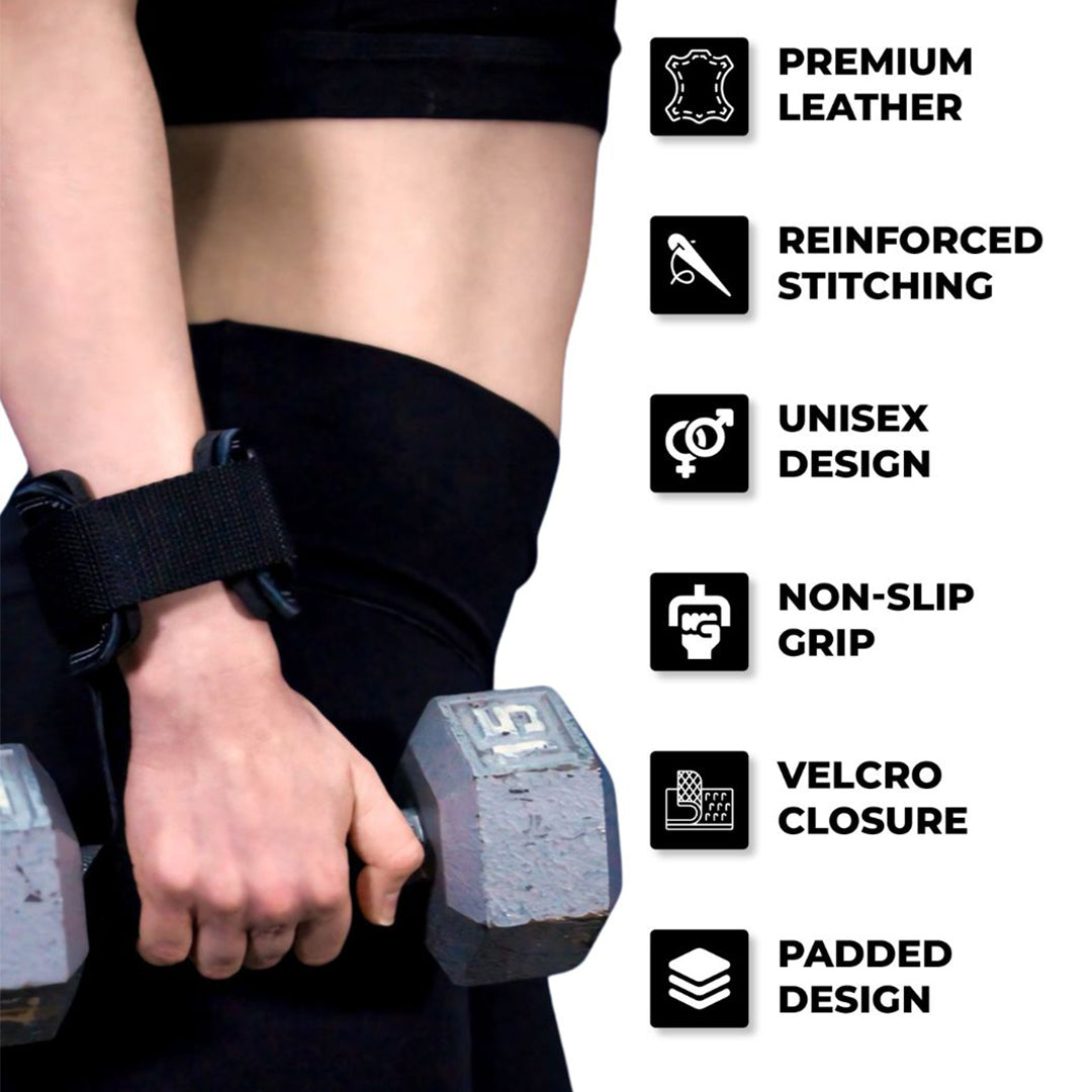 Close-up of woman lifting dumbbells using Yaghzu lifting grips with wrist support, gym straps, and non-slip grip for callus and blister protection during strength training.