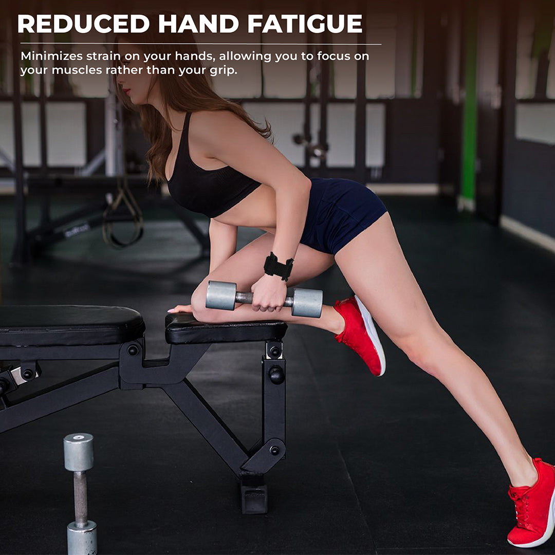 Woman performing strength training with dumbbell using Yaghzu lifting grips and wrist support straps to reduce hand fatigue, enhance grip, and protect against calluses during workouts.