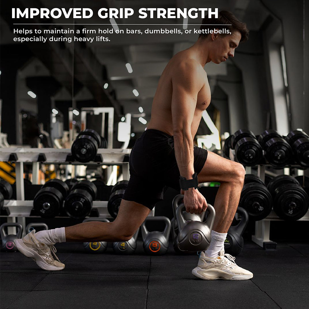 Man doing kettlebell lunges in gym wearing Yaghzu lifting grips with wrist support straps to improve grip strength and control during heavy strength training.