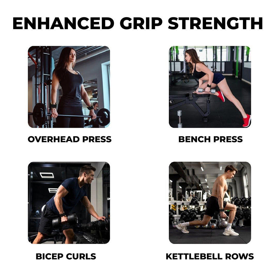 Collage of gym workouts using Yaghzu lifting grips with wrist support and gym straps, showcasing overhead press, bench press, bicep curls, and kettlebell rows
