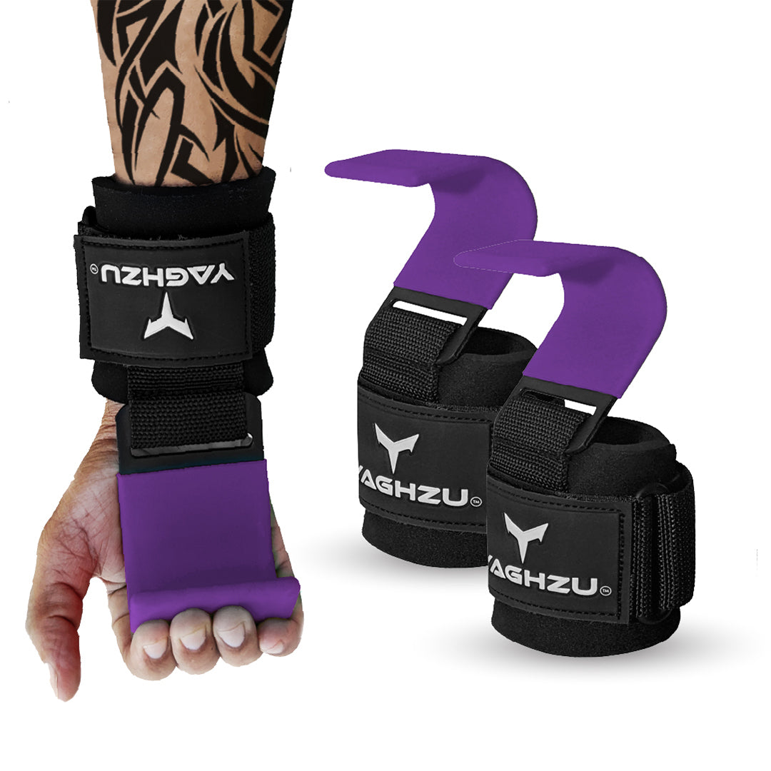 Yaghzu weight lifting hooks with purple-coated steel hooks and black wrist wraps, designed for enhanced grip and wrist support during deadlifts and strength training.