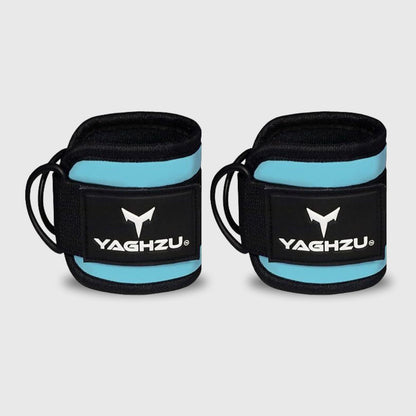 Yaghzu blue ankle straps pair for cable machine workouts — durable gym ankle cuffs designed as wrist and ankle cuffs, leg straps, and cable ankle straps for strength training and resistance exercises.