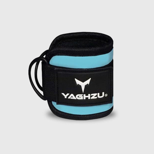 Yaghzu Cyan ankle straps for cable machine with double D-rings; premium cable ankle straps, leg straps, and wrist and ankle cuffs for gym workouts.